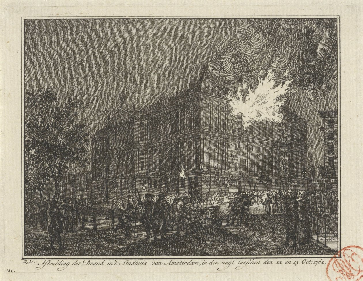 Tűz az amszterdami városházán, 1762 A tűz ábrázolása Amszterdam városházán, 1762. október 12. és 13. között éjszaka (cím a tárgyon) alkotó: Reinier Vinkeles (I)
