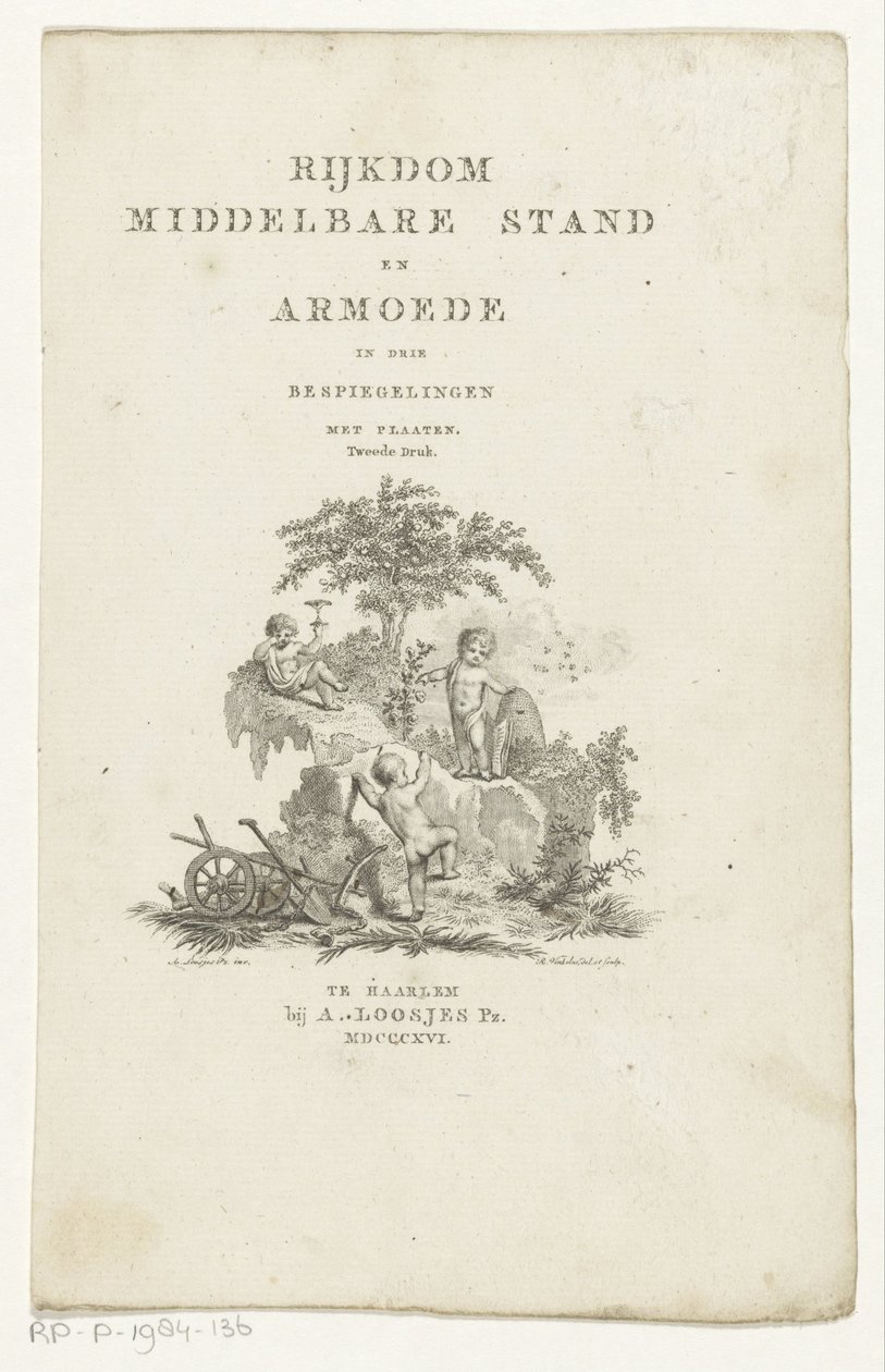 Három putti attribútumokkal egy hegyi tájon Címlap ehhez: Adriaan Pietersz. Loosjes: A középosztály gazdagsága és a szegénység három tükörben, 1816 alkotó: Reinier Vinkeles (I)