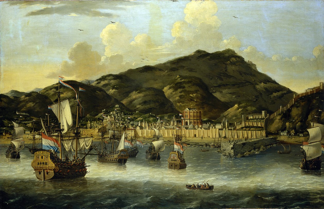 Holland hajók Tripoli (Líbia) partjainál, a kikötő és a város megerősített falai. Reinier Nooms (1623-1667) olajfestménye. alkotó: Reinier Zeeman
