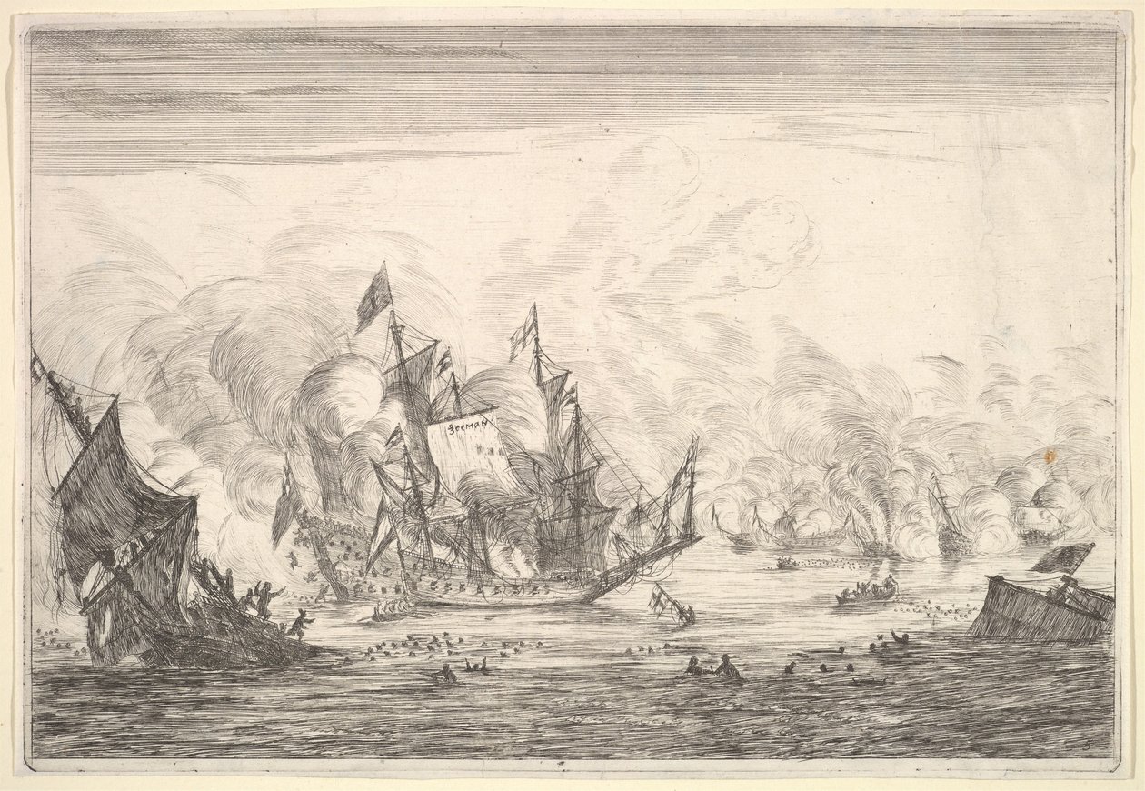 Tengerészeti csata angol hajóalapítással a bal oldalon, a Nieuwe Sc...., 1652-54. alkotó: Reinier Zeeman
