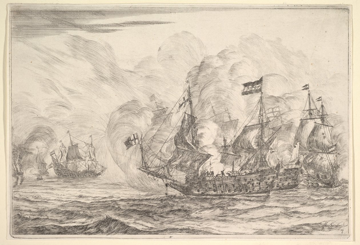 Tengerészeti találkozás három hajóval a jobb oldalon, a tengeri csatákból Nieuwe Scheeps Bat..., 1652-54. alkotó: Reinier Zeeman