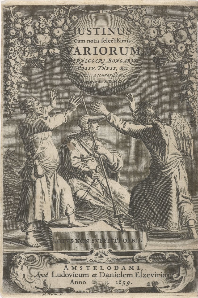 Minerva en twee geketende figuren Titelpagina voor: A. Thysius, Justinus cum notis selectissimis variorum Berneggerj, Bongarsy, Vossy, Thysy stb., 1659 alkotó: Reinier van Persijn