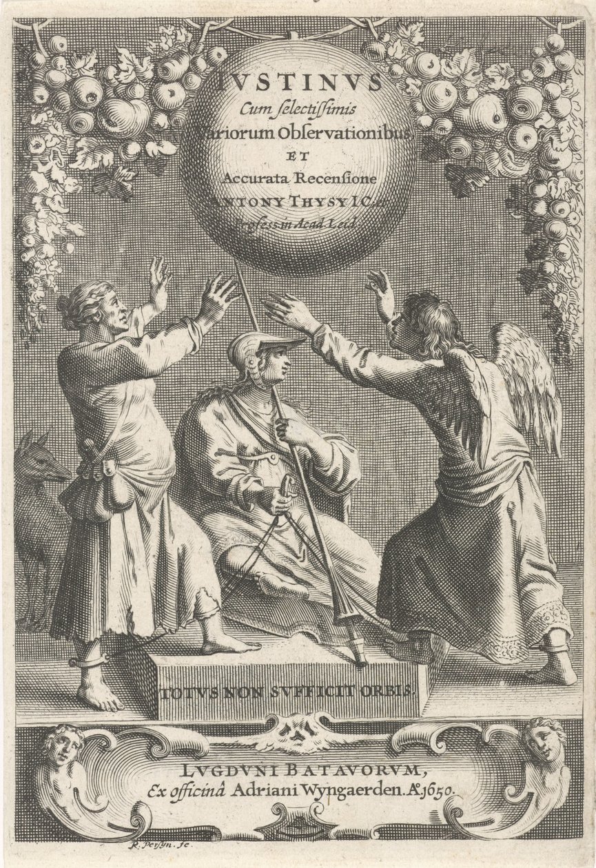 Minerva en twee geketende figuren Titelpagina voor: A. Thysius, Justinus a legtöbb válogatott megfigyeléssel és részletes áttekintéssel, 1650 alkotó: Reinier van Persijn
