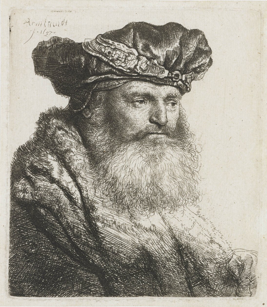 Szakállas férfi bársony barettben, ékköves csattal, 1637 alkotó: Rembrandt van Rijn