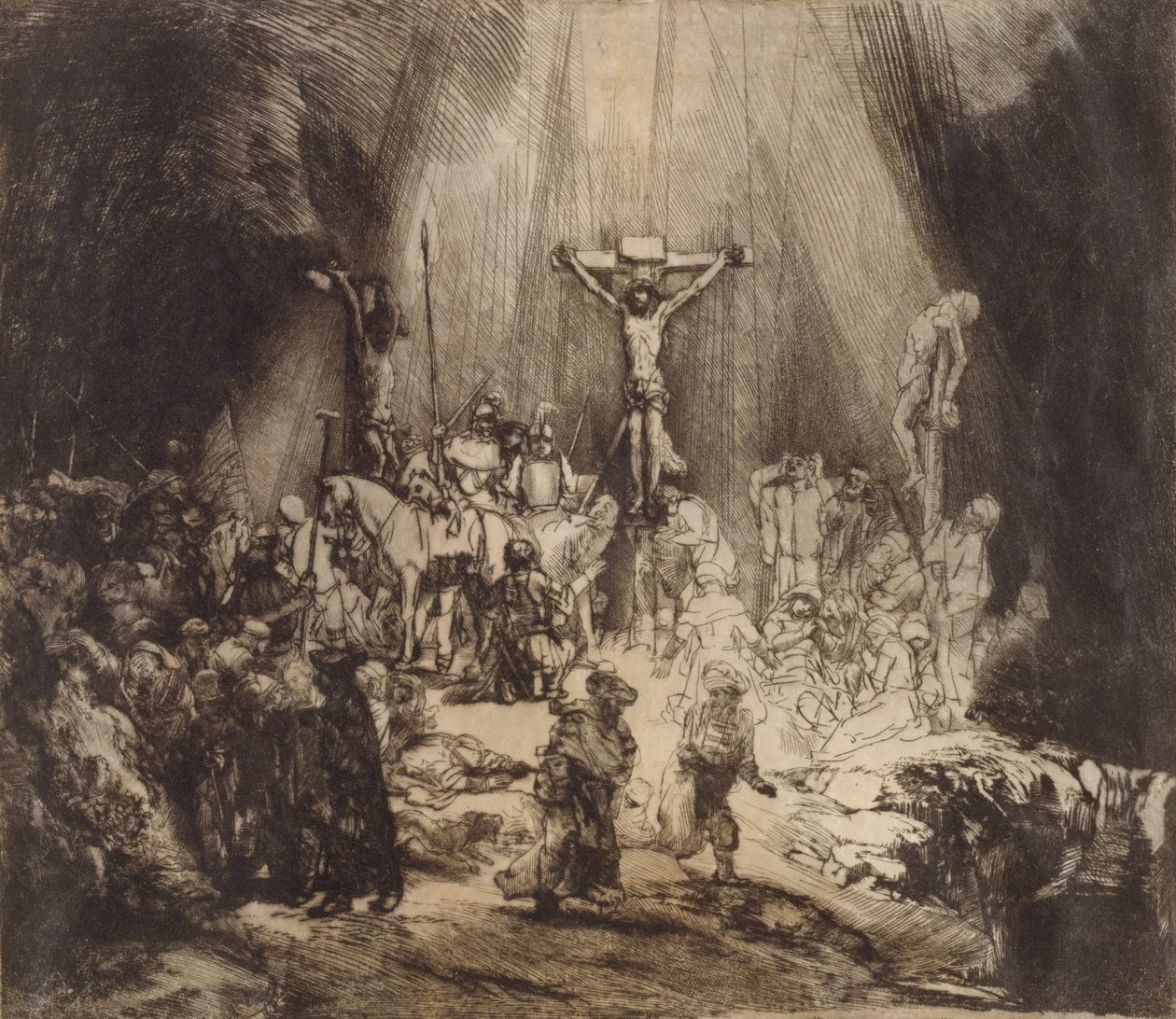 Megfeszített Krisztus a két tolvaj között: A három kereszt, 1653 alkotó: Rembrandt van Rijn