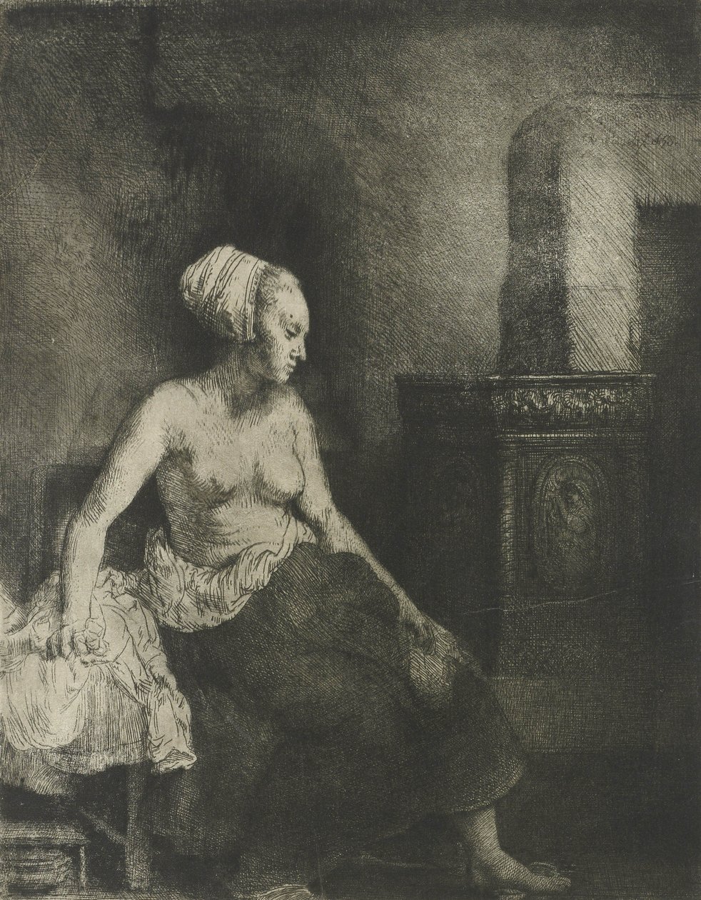 Félmeztelen nő a tűzhelynél, 1658 alkotó: Rembrandt van Rijn