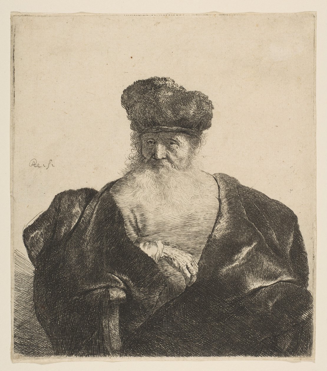 Szakállas, szőrsapkás és bársonyköpenyes öregember, 1631 körül alkotó: Rembrandt van Rijn