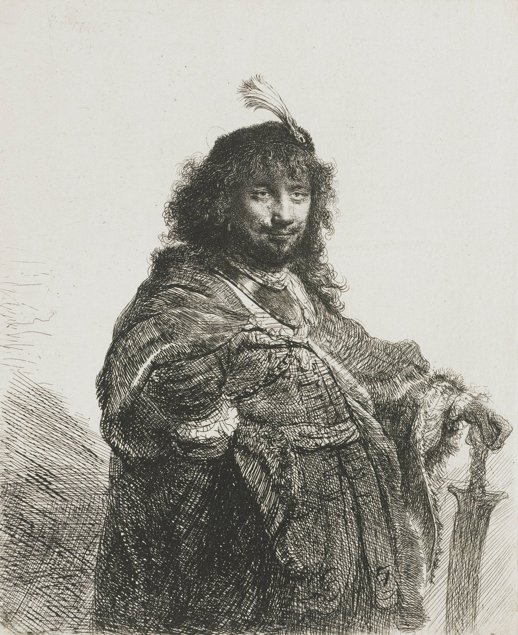 Önarckép(?) tollas svájcisapkával, kardra támasztott kézzel, 1634 alkotó: Rembrandt van Rijn
