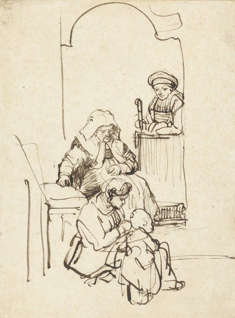 Három nő és egy gyerek az ajtónál, 1645 körül alkotó: Rembrandt van Rijn