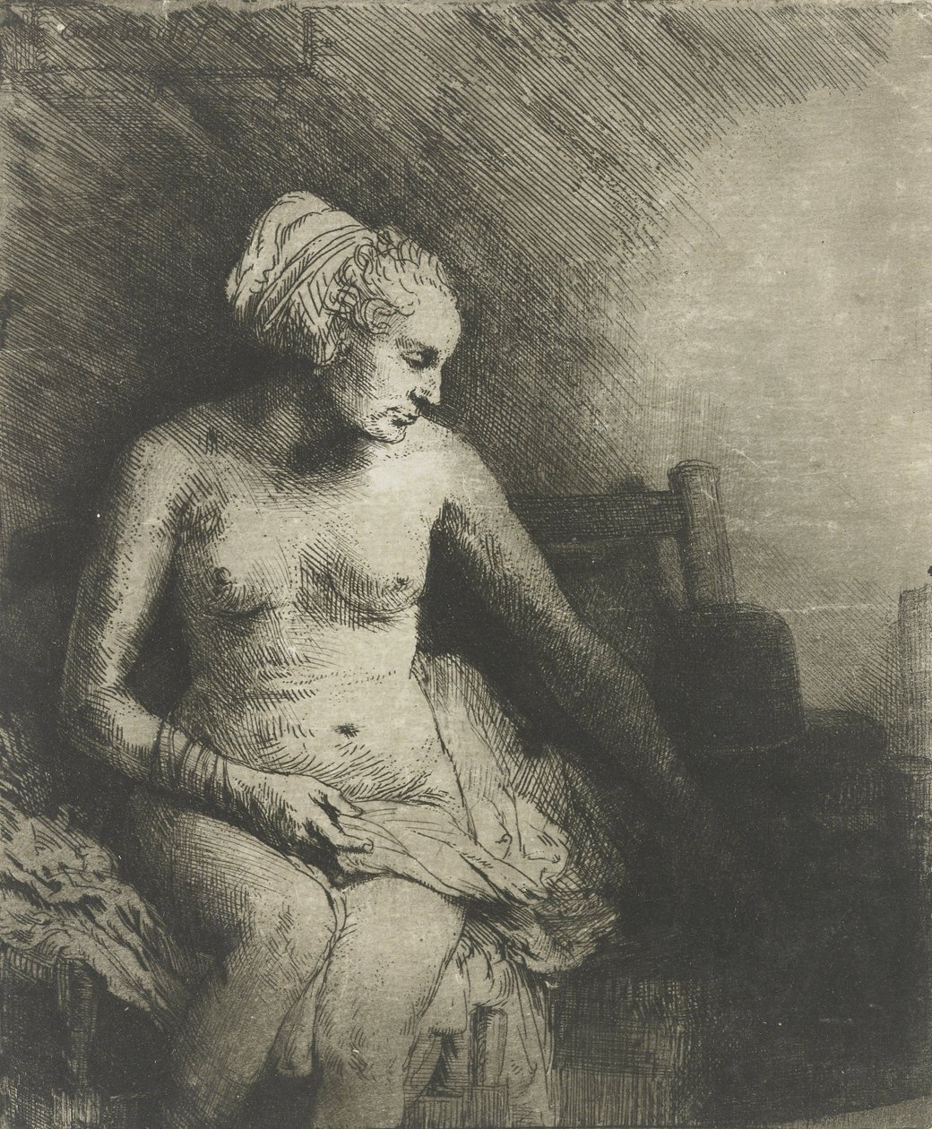 Nő a fürdőben, kalappal mellette, 1658 alkotó: Rembrandt van Rijn