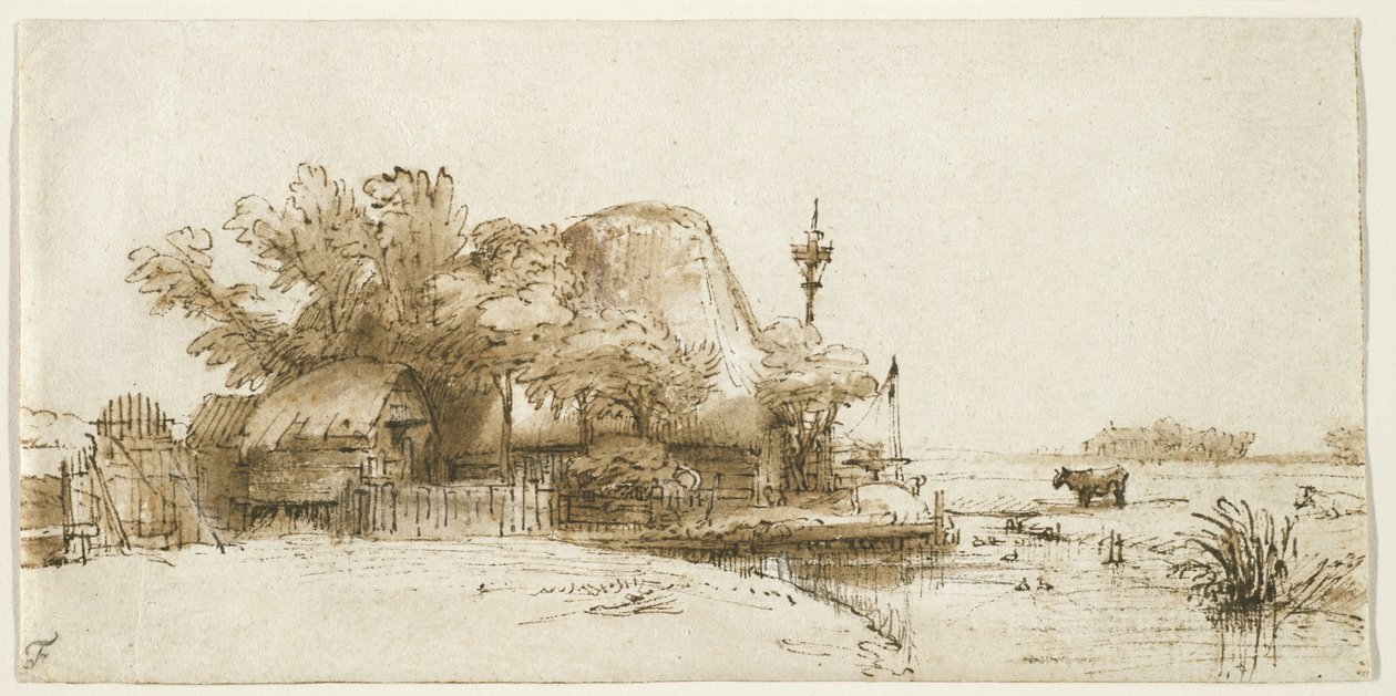 Farm on Amsteldijk, 1650-52 körül (toll, tinta és mosás papíron) alkotó: Rembrandt van Rijn