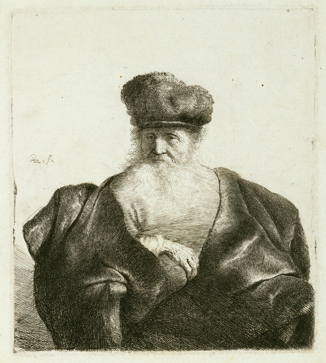 Egy szakállas, szőrsapkás és bársonyköpenyes öregember, 1632 körül alkotó: Rembrandt van Rijn