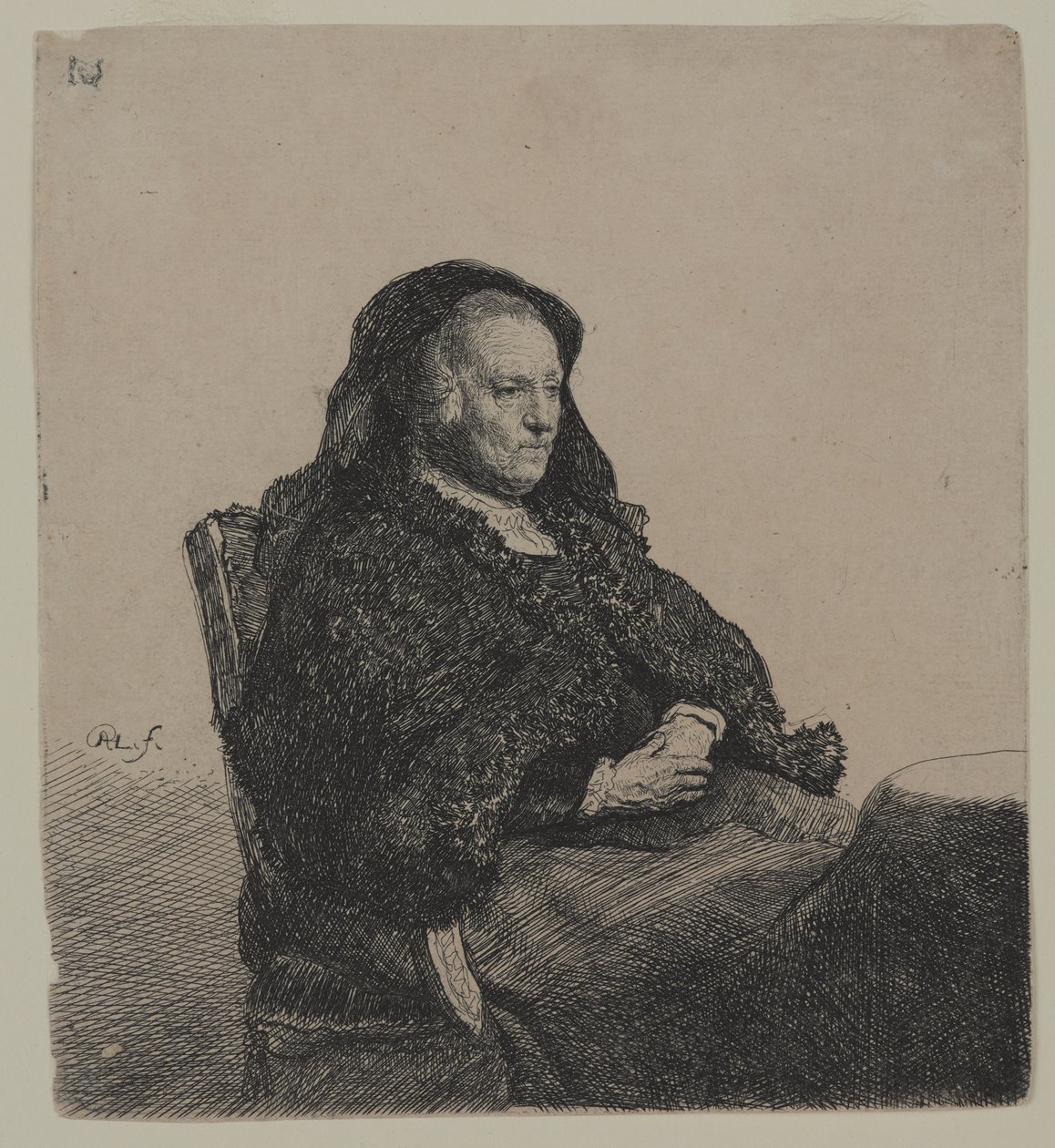 Rembrandts anyja, 1631 körül (rézkarc fektetett papírra) alkotó: Rembrandt van Rijn