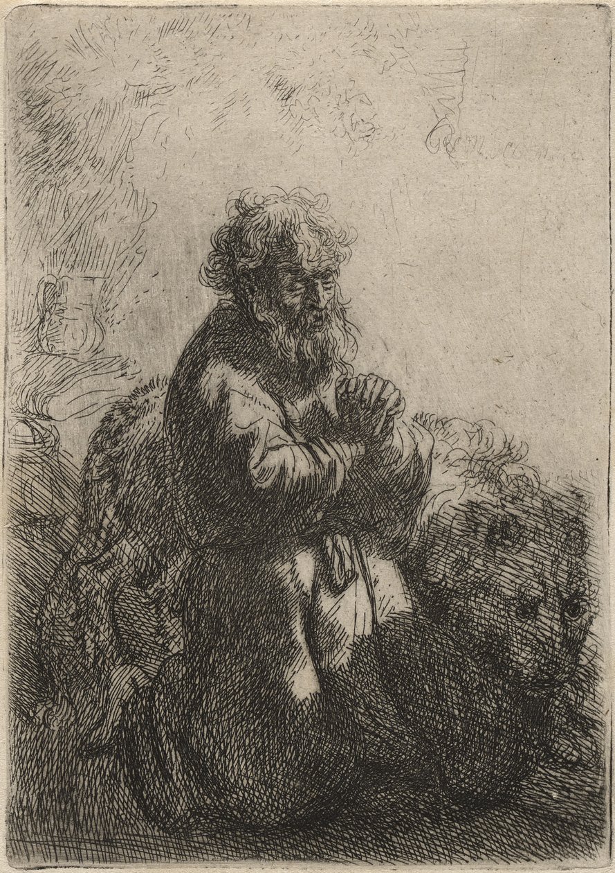 Szent Jeromos imában térdelve, lenézve, 1635 (metszet papírra) alkotó: Rembrandt van Rijn