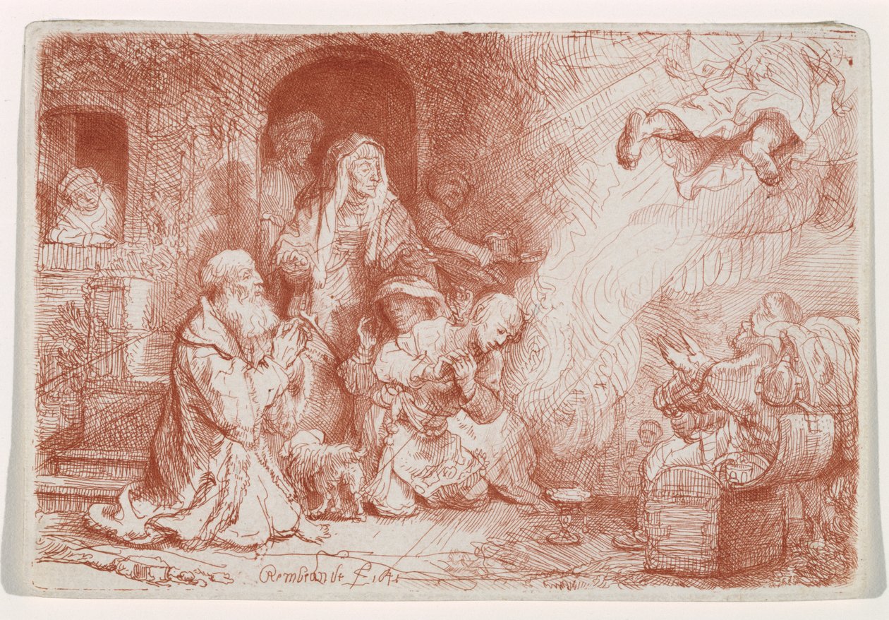 A Tóbiás családból távozó angyal, 1641 (szárazhúsos rézkarc, szangvinikus nyomással) alkotó: Rembrandt van Rijn