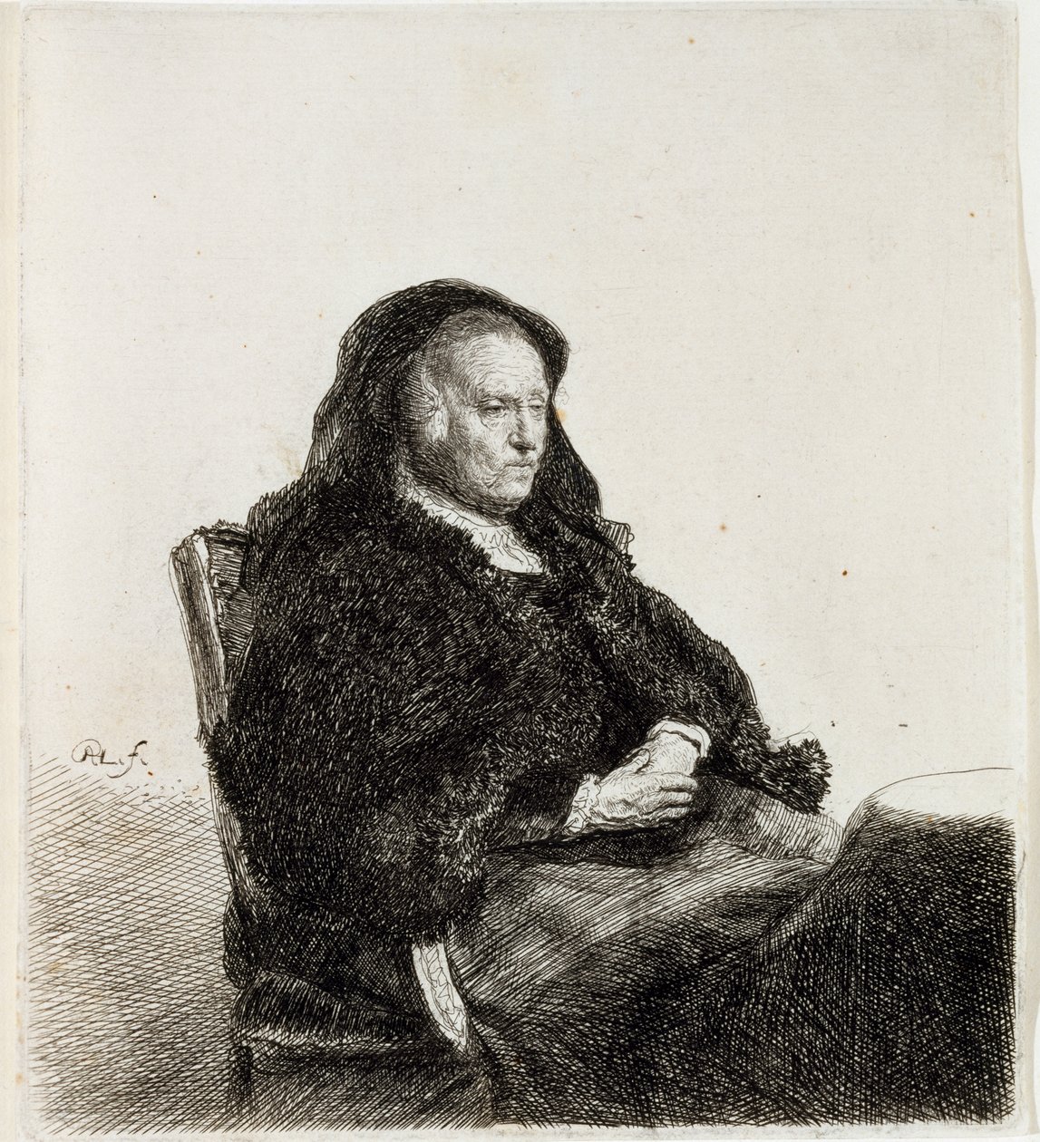 A művészek anyja asztalnál ülve, 1631 körül (rézkarc és metszet) alkotó: Rembrandt van Rijn
