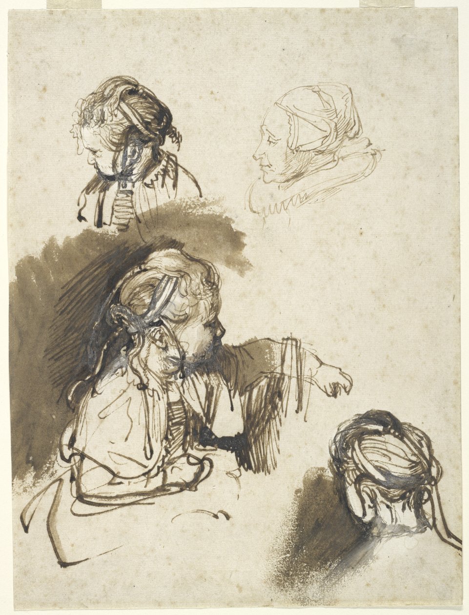 Három tanulmány egy gyerekről és egy idős nőről (toll és tinta WC-vel papíron) alkotó: Rembrandt van Rijn