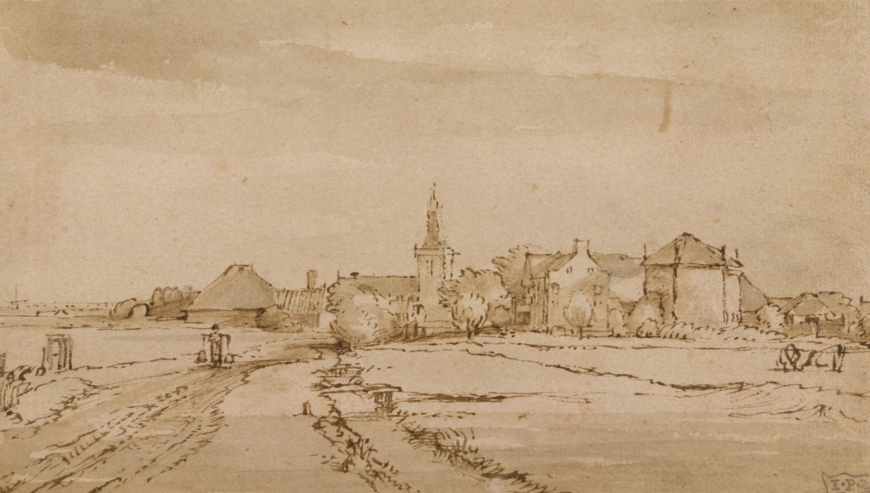 Diemen látképe, 1650-52 körül (toll, barna tinta, mosás papíron) alkotó: Rembrandt van Rijn