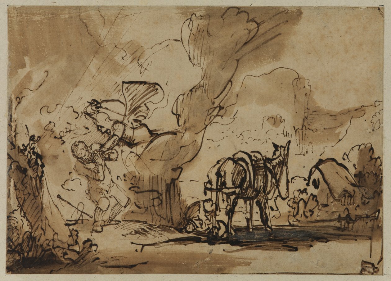Az Úr angyala megtámadja Mózest, Cippóra pedig körülmetéli a fiukat, hogy elűzze Isten haragját (toll, tinta és WC papíron) alkotó: Rembrandt van Rijn