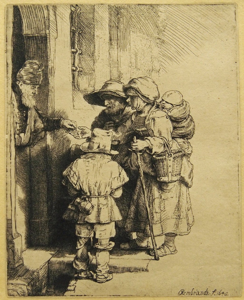 Egy vak, erős, erős játékos és alamizsnát fogadó család alkotó: Rembrandt van Rijn