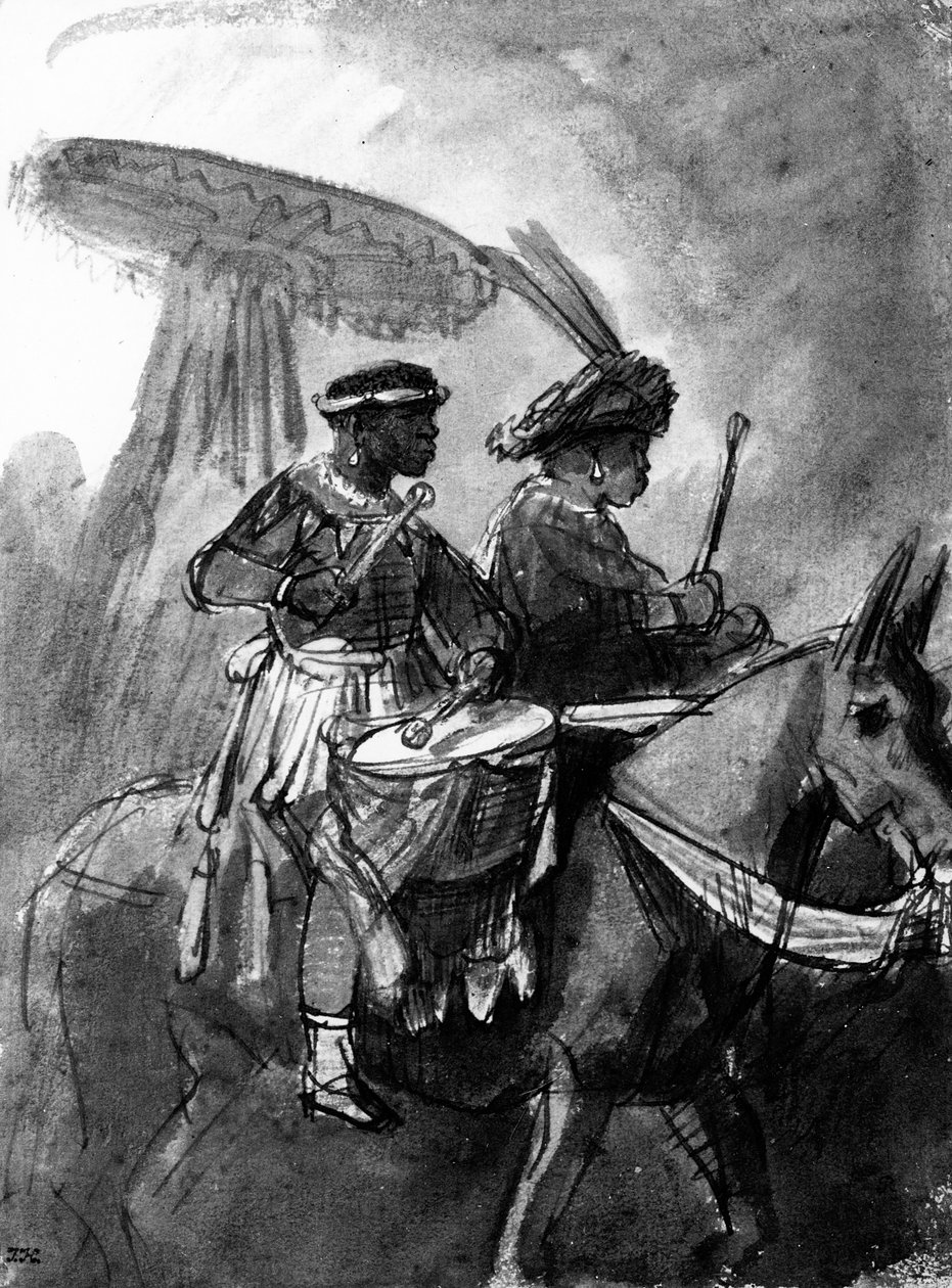 Dobos és parancsnok öszvérekre szerelve, 1638 körül (toll, tinta és mosás papíron) alkotó: Rembrandt van Rijn