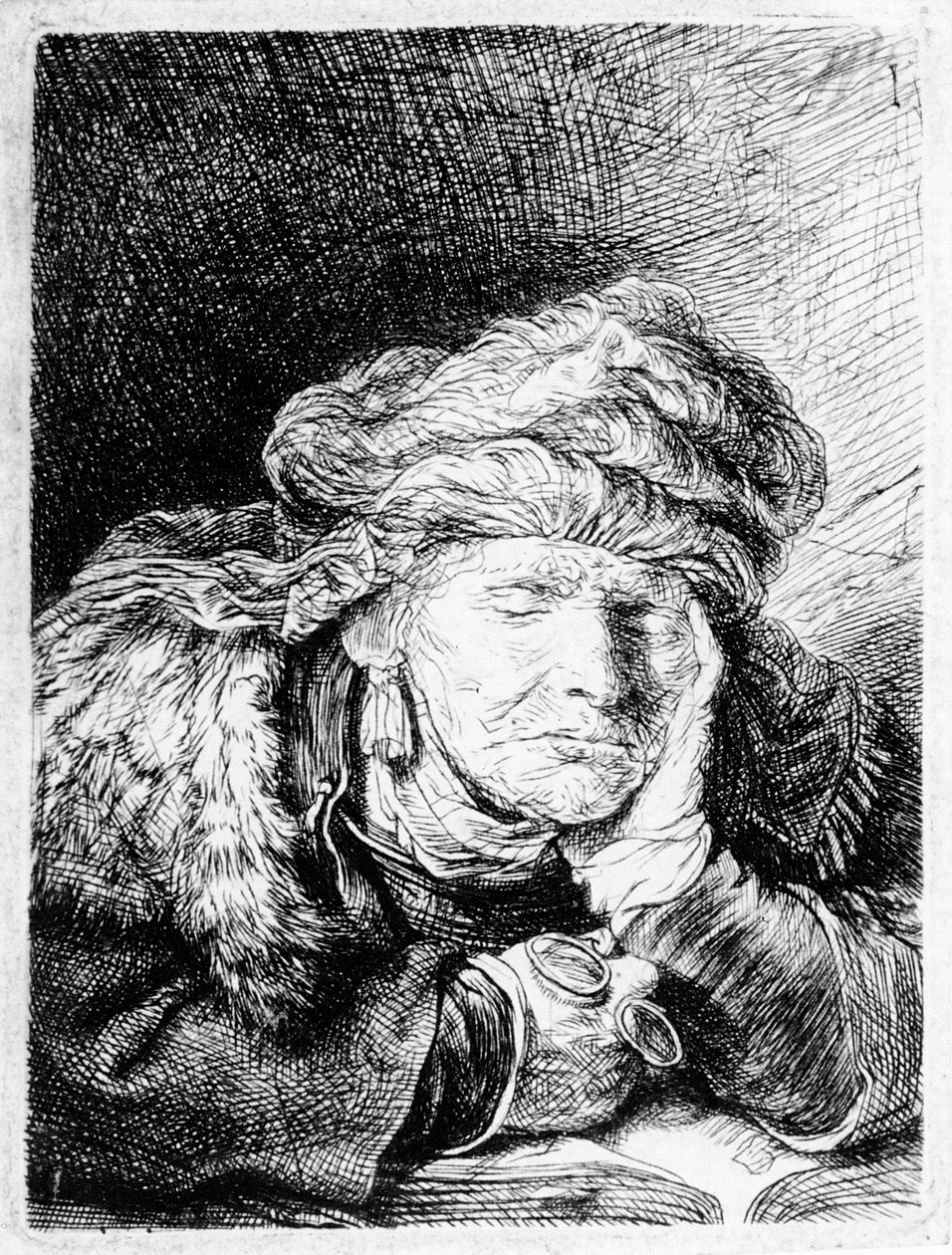 Egy öregasszony alszik, Francesco Novelli metszet, 1790 körül alkotó: Rembrandt van Rijn