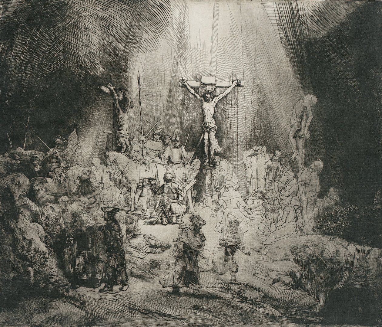 Krisztus keresztre feszítve a két tolvaj között (A három kereszt) alkotó: Rembrandt van Rijn