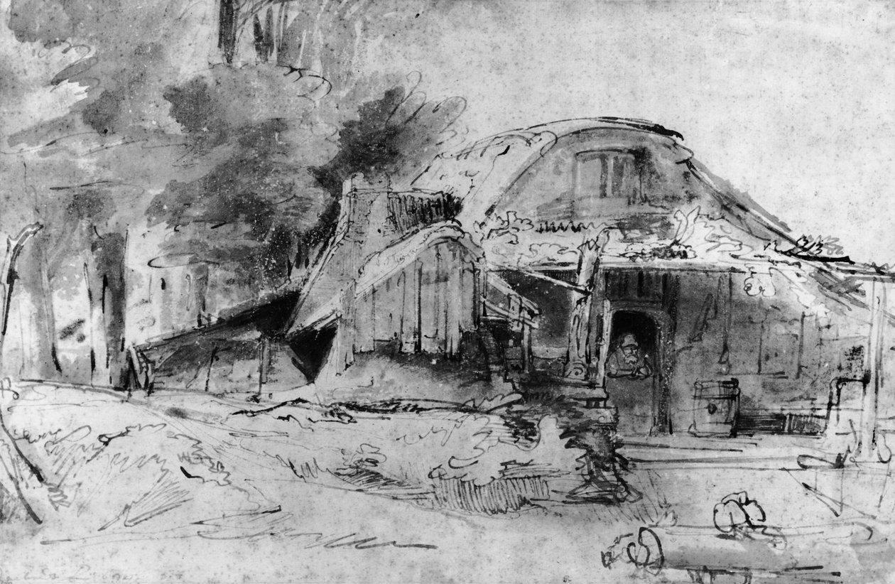 Ház egy fa szélén (toll, tinta és barna mosás papíron) alkotó: Rembrandt van Rijn