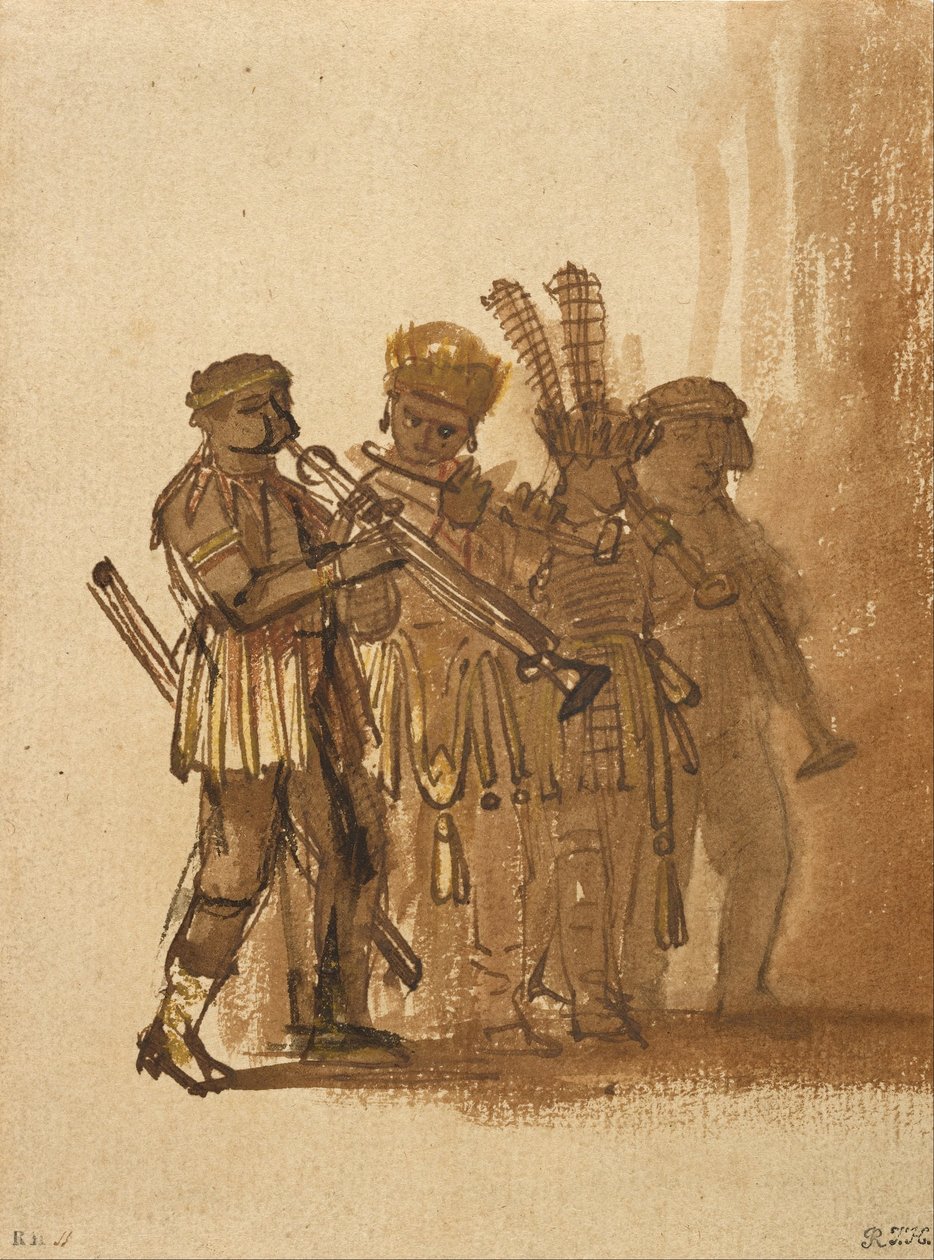 Négy zenész fúvós hangszerekkel alkotó: Rembrandt van Rijn