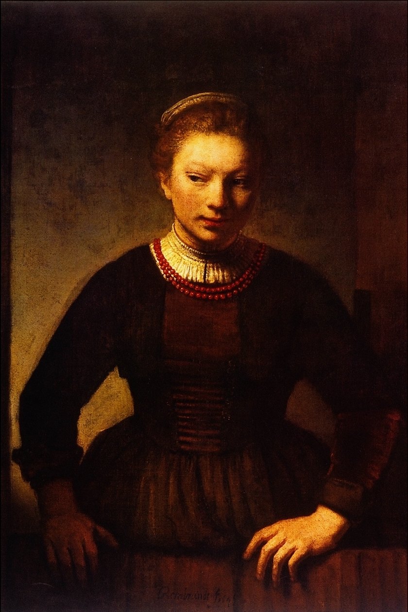 Lány egy nyitott fél ajtón alkotó: Rembrandt van Rijn