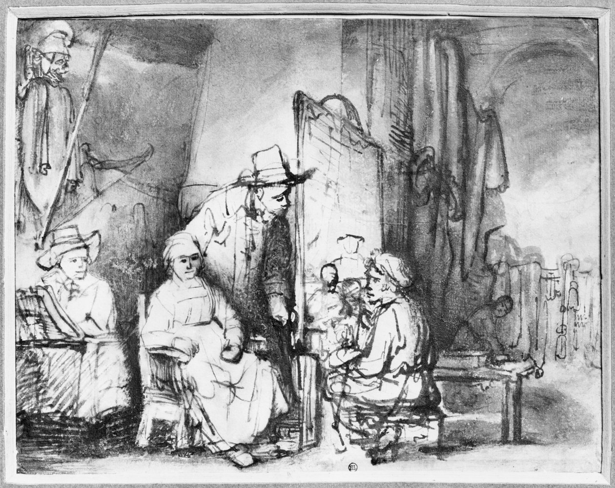 Egy műterem belseje egy pár portréját festő festővel (toll, tinta, bistre és mosás papíron) alkotó: Rembrandt van Rijn