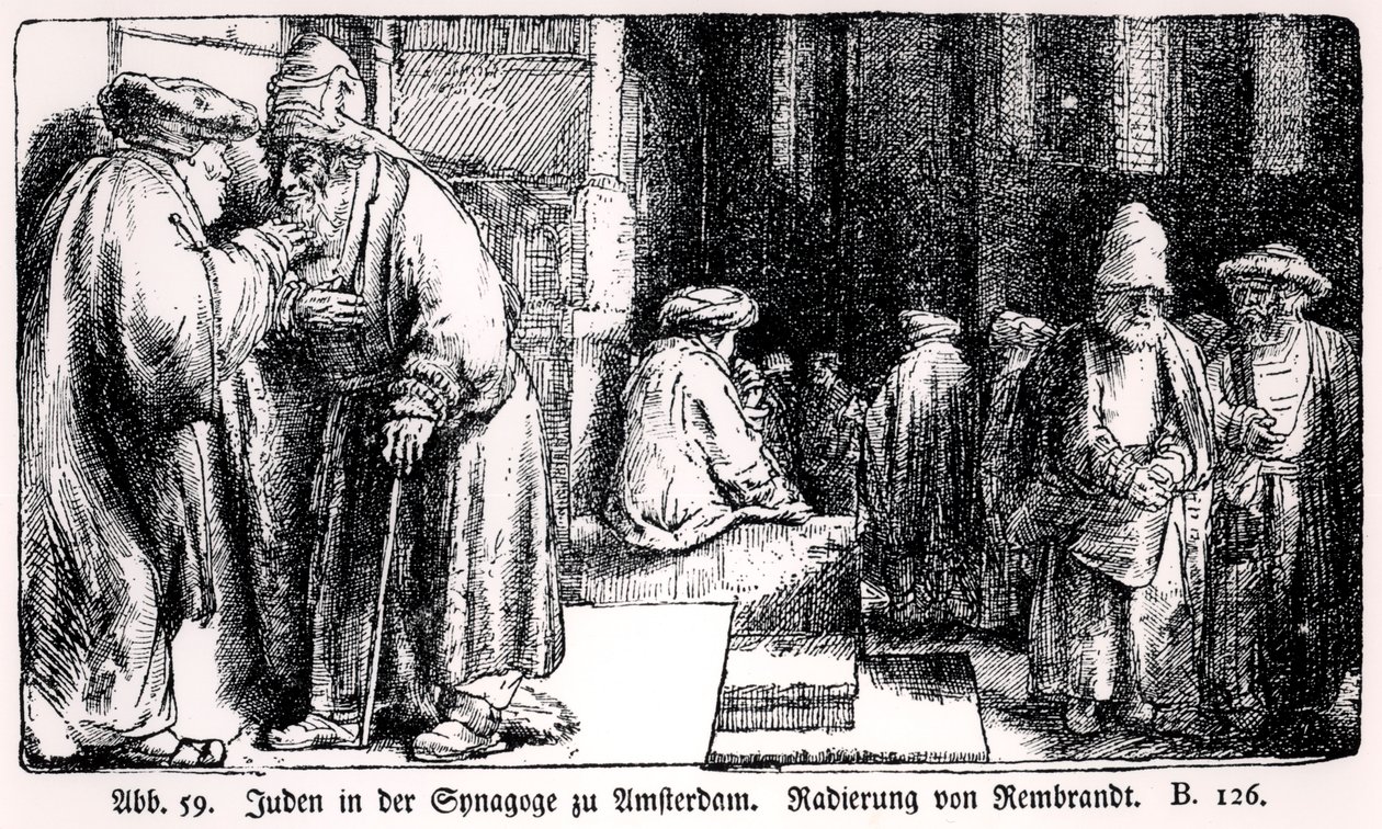 Zsidók az amszterdami zsinagógában, metszett a művész alkotó: Rembrandt van Rijn