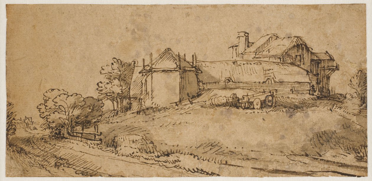 Táj parasztházzal és szénapajtával alkotó: Rembrandt van Rijn