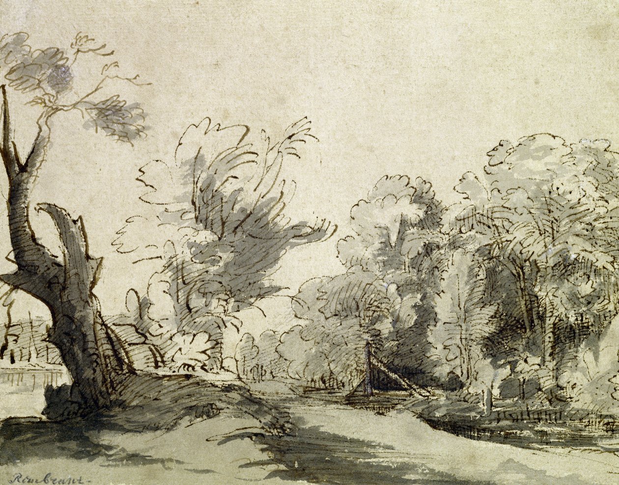 Táj, ösvény, bal oldalon egy majdnem elhalt fa, jobb oldalon egy tanya felé vezető gyaloghíd (papíron toll, tinta és mosás) alkotó: Rembrandt van Rijn