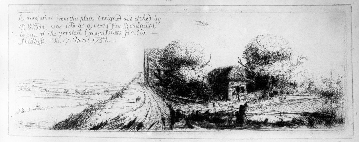 Benjamin Wilson által metszett táj vidéki utcákkal és házikókkal, 1751 alkotó: Rembrandt van Rijn