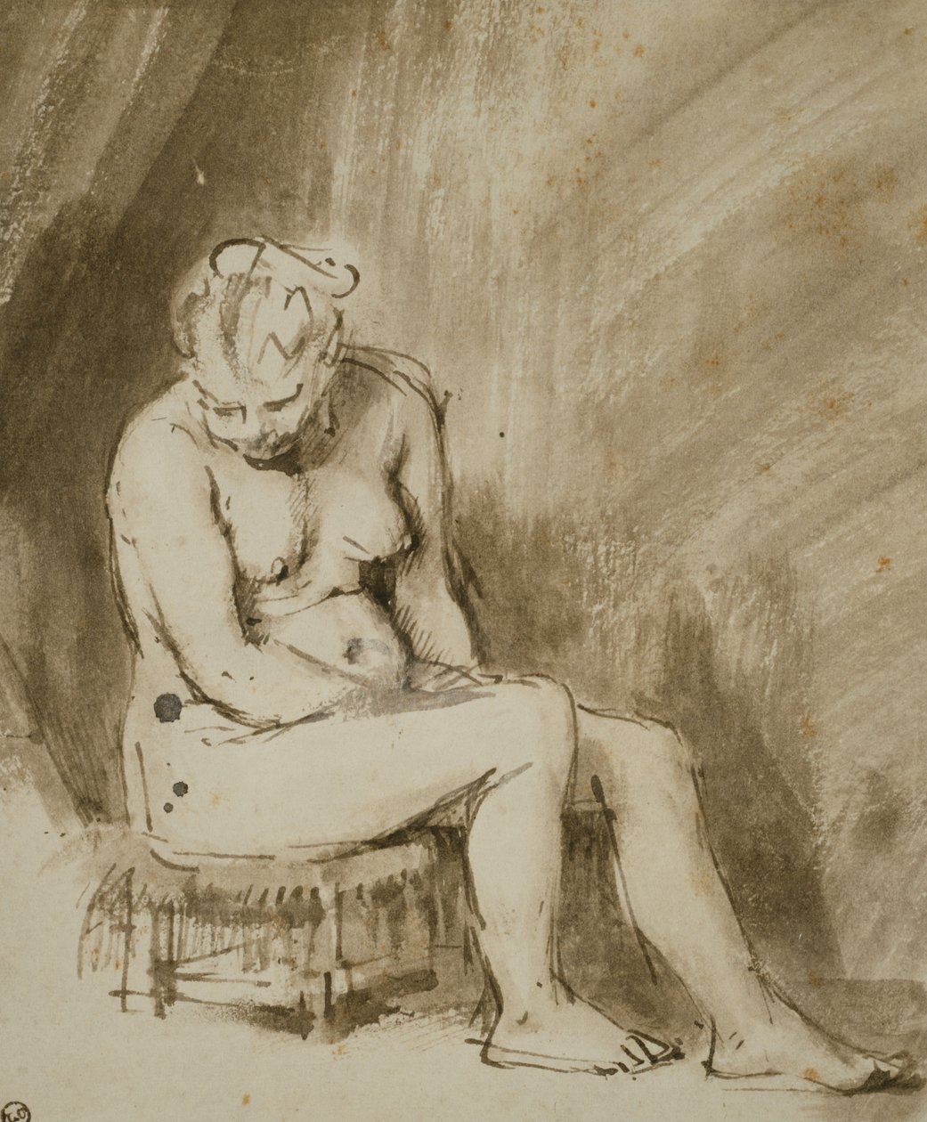 Meztelen nő ül egy széken alkotó: Rembrandt van Rijn