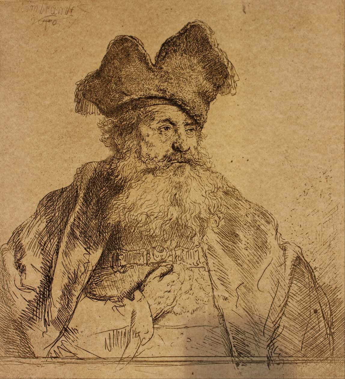 Öreg, osztott szőrme sapkával alkotó: Rembrandt van Rijn
