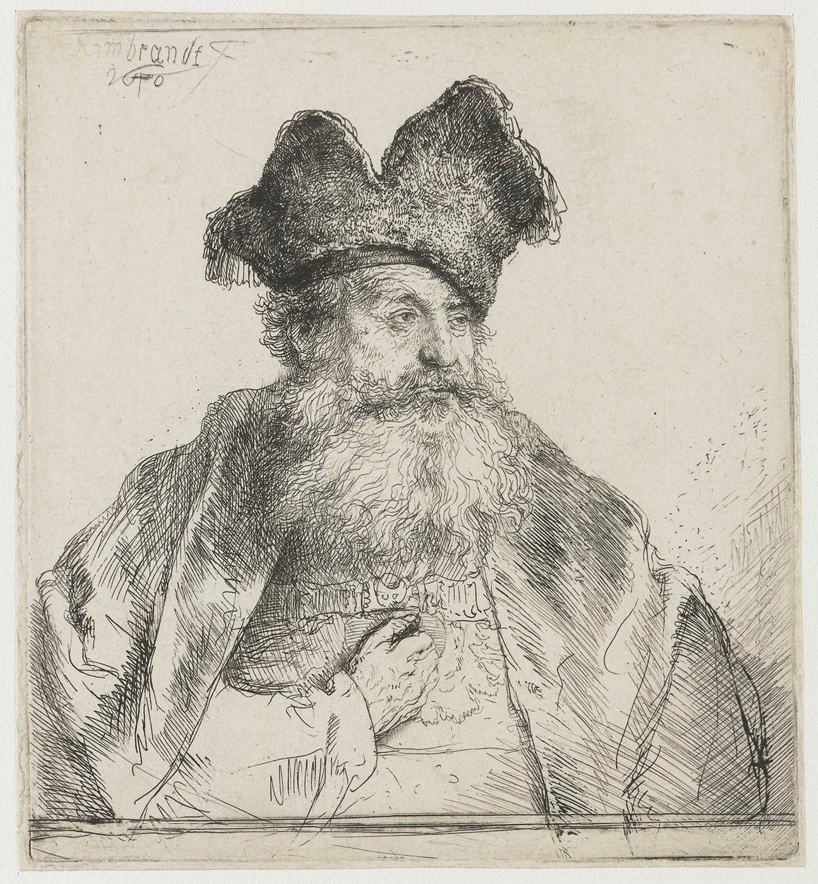 Öreg, osztott szőrme sapkával alkotó: Rembrandt van Rijn