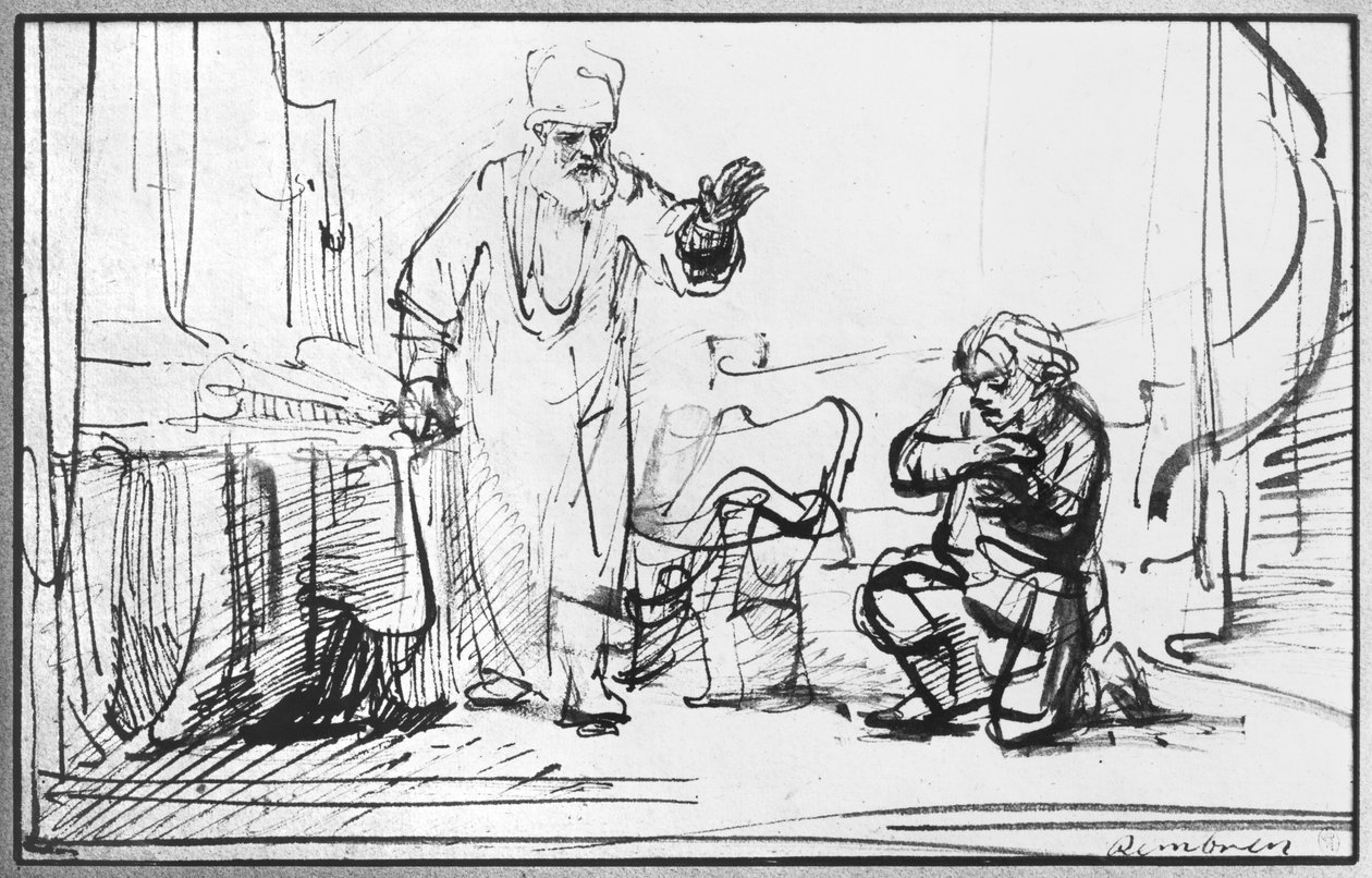 Példabeszéd a könyörtelen hitelezőről (toll und bistre papíron) alkotó: Rembrandt van Rijn