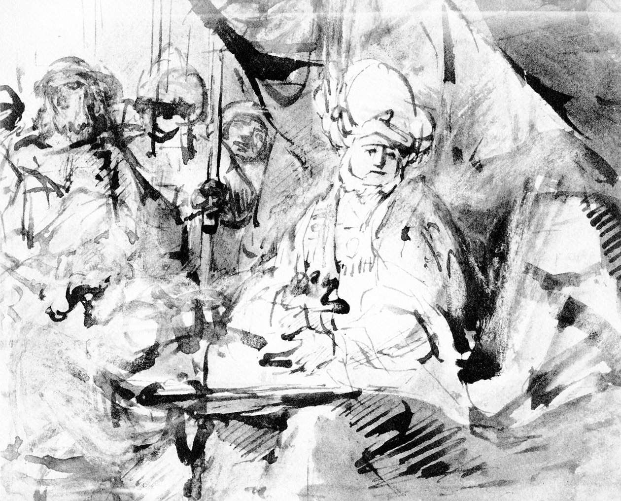 Pilátus kezet mos, 1665 körül (toll, tinta és mosás papíron) alkotó: Rembrandt van Rijn