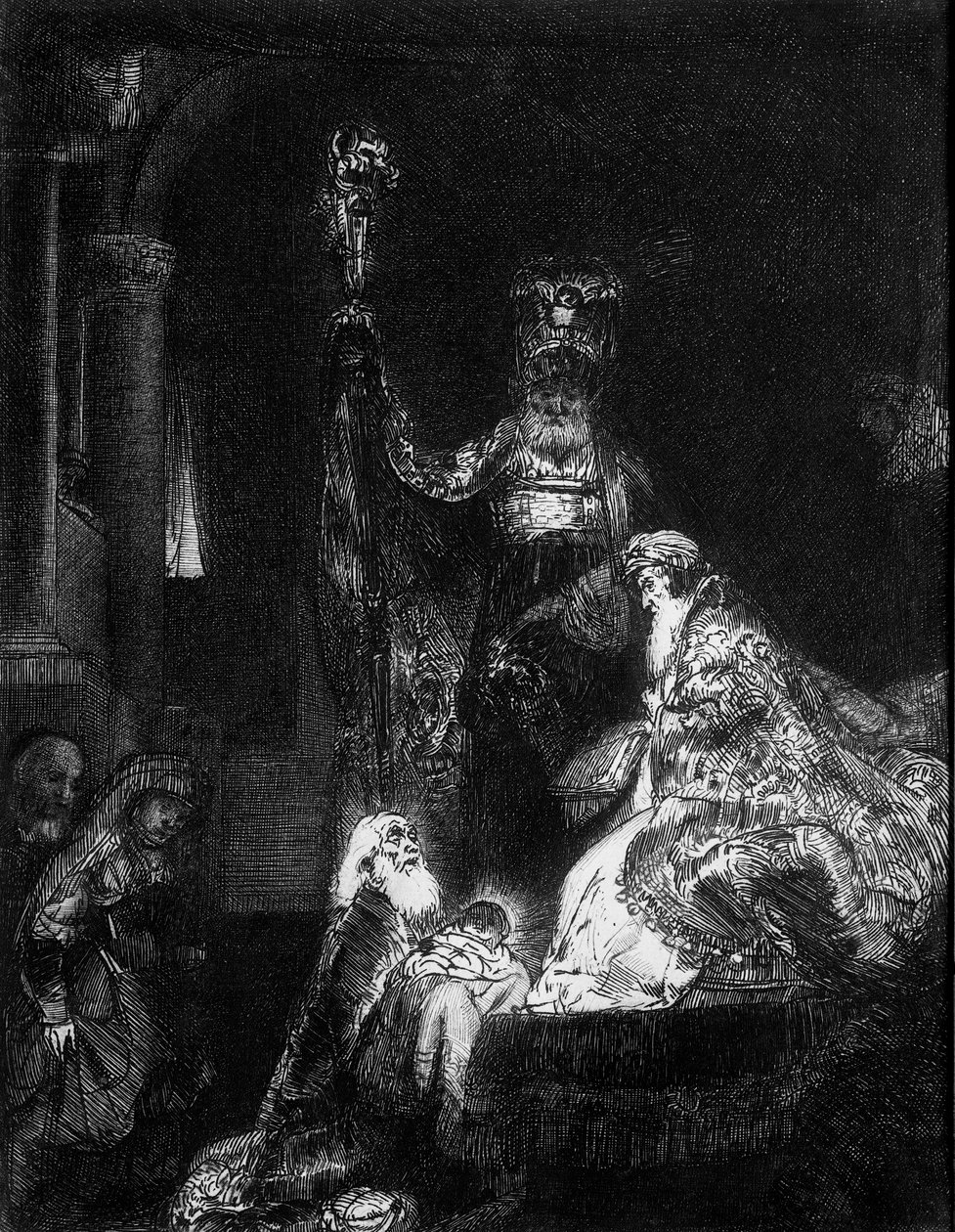 Bemutató a templomban, 1654 (mezzotint) alkotó: Rembrandt van Rijn