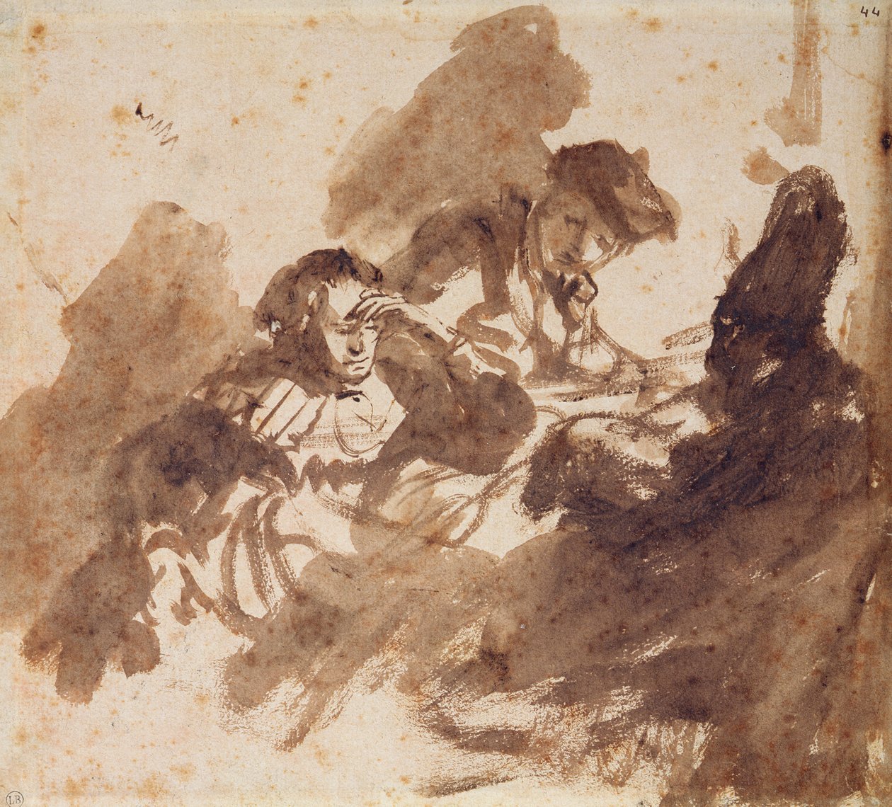 Olvasás (tinta és mosás papíron) alkotó: Rembrandt van Rijn