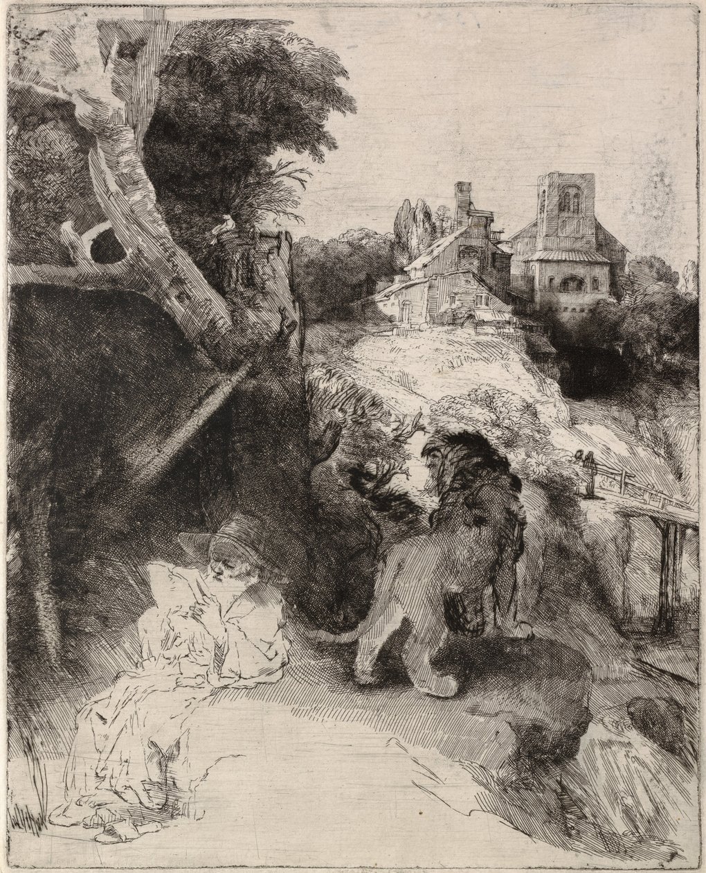 Szent Jeromos olvasása olasz tájon alkotó: Rembrandt van Rijn