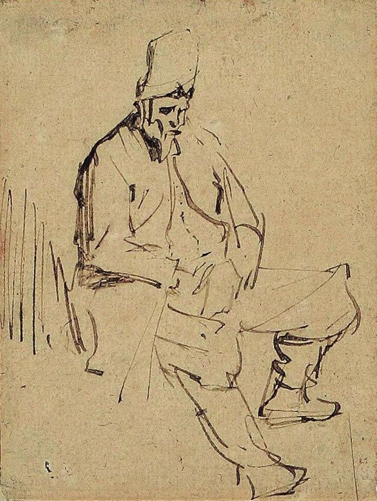 Ülő férfi magas sapkával alkotó: Rembrandt van Rijn