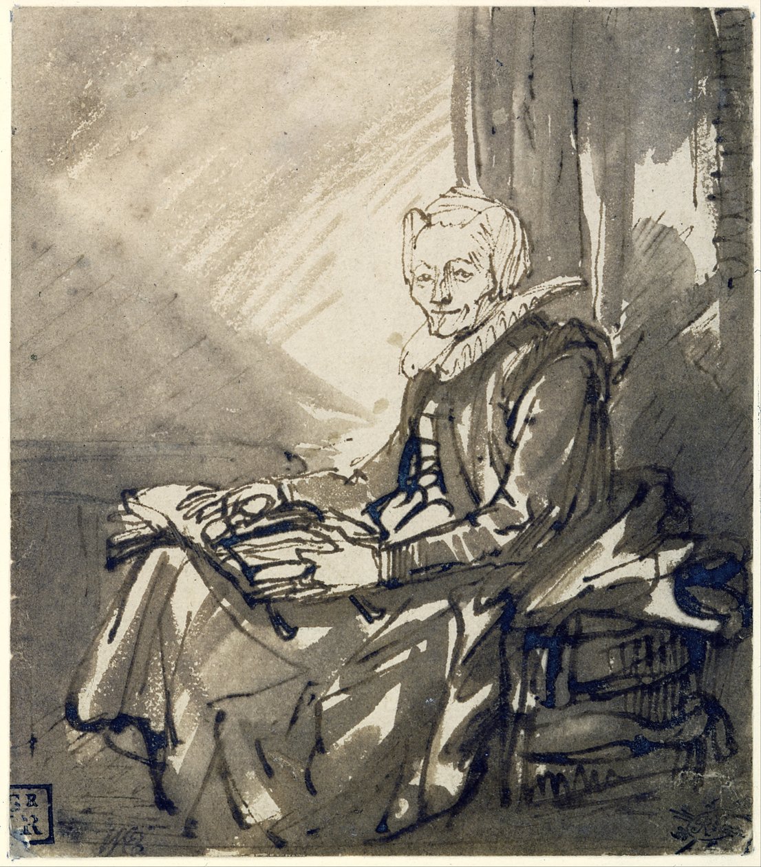 Ülő nő, nyitott könyvvel az ölében alkotó: Rembrandt van Rijn