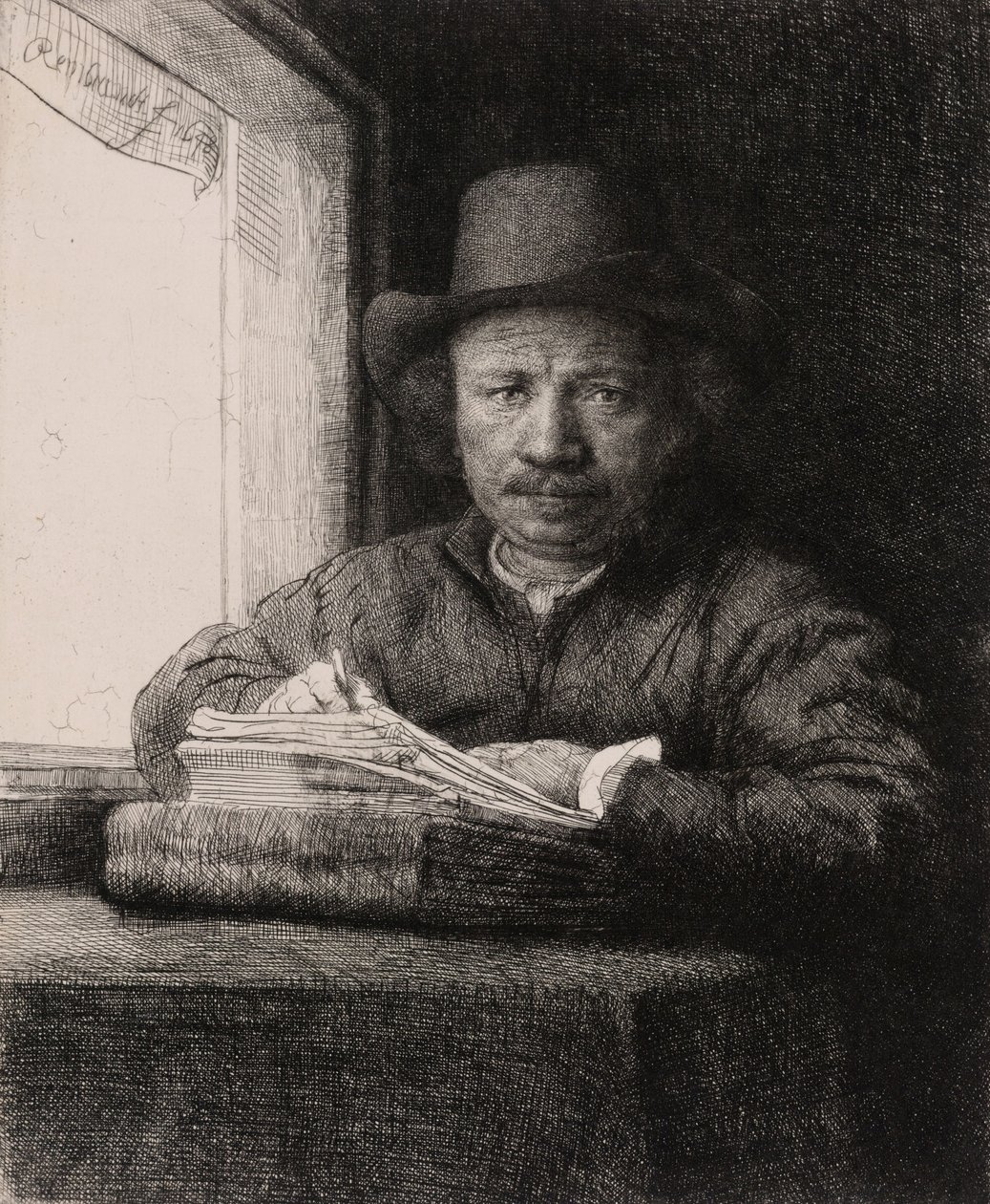 Önarckép rajz egy ablakban alkotó: Rembrandt van Rijn