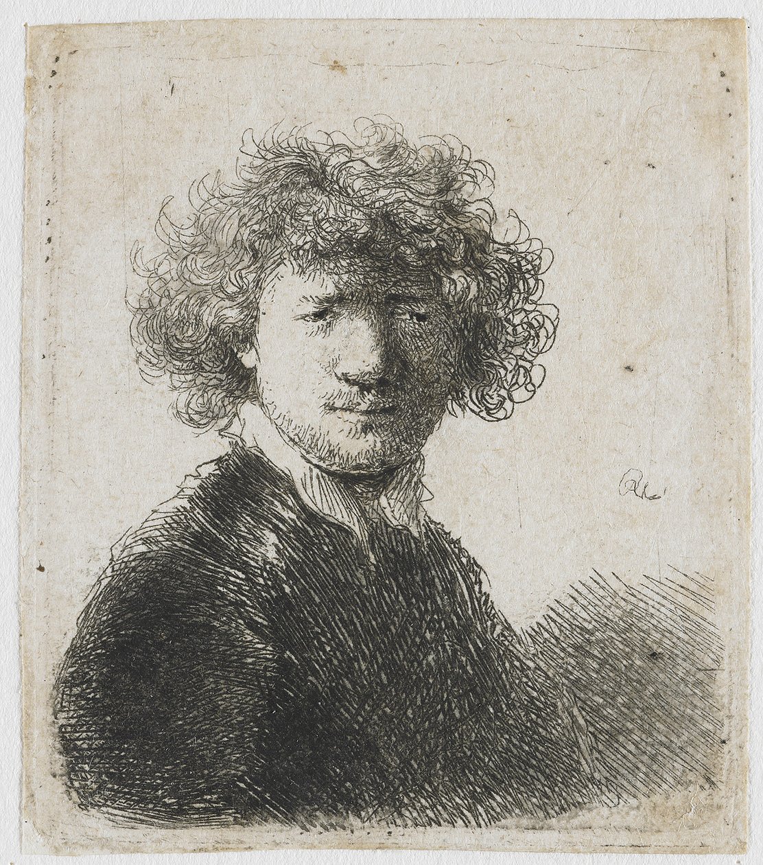 Önarckép göndör hajjal és fehér gallérral alkotó: Rembrandt van Rijn