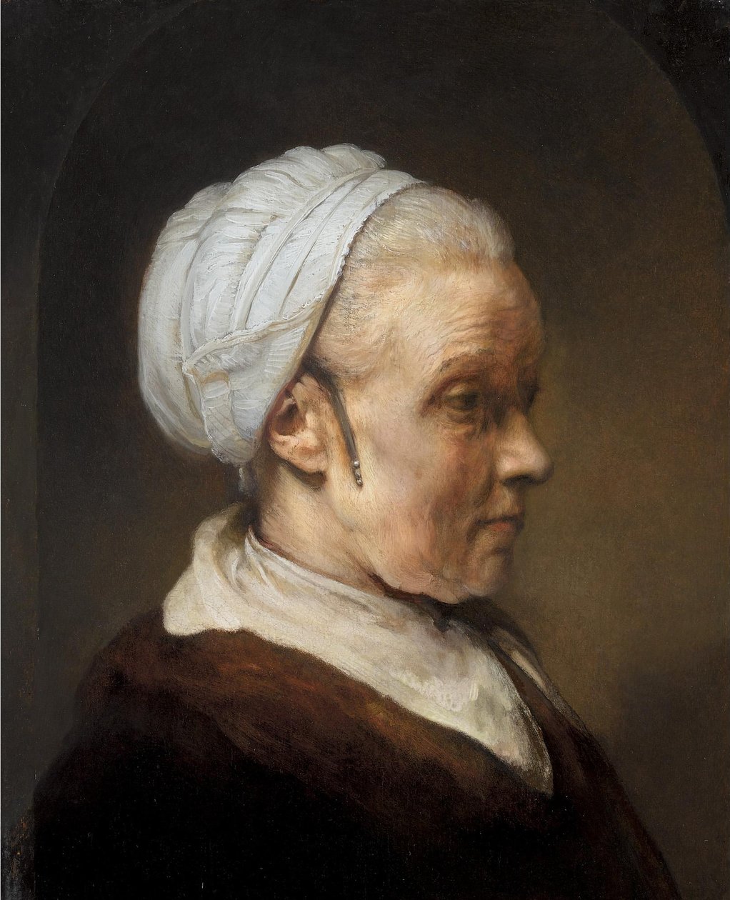 Tanulmány egy öregasszonyról, fehér sapkában alkotó: Rembrandt van Rijn