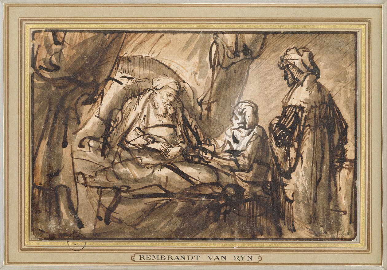 Izsák áldása (toll, tinta és mosás) alkotó: Rembrandt van Rijn