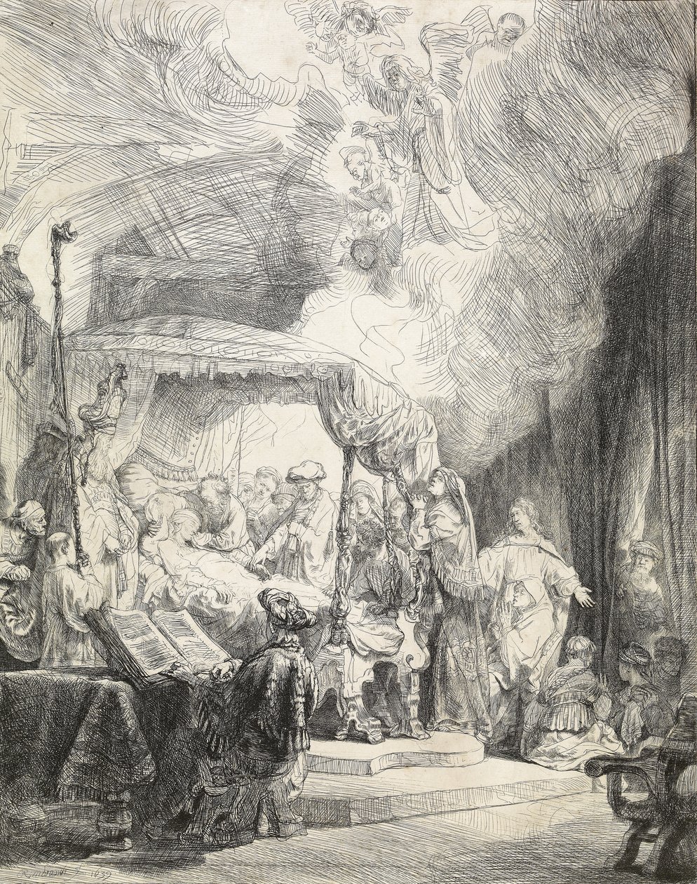 A Szűzanya halála, 1639 (metszet és száraztű) alkotó: Rembrandt van Rijn